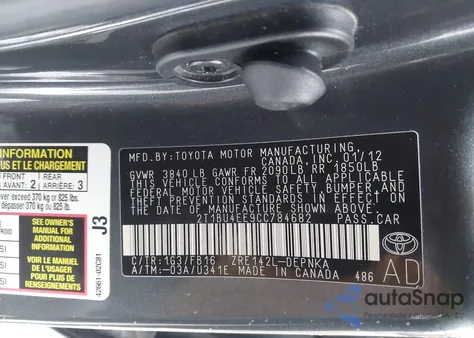 2012 Toyota Corolla Le from USA, damaged, VIN 2T1BU4EE9CC784682